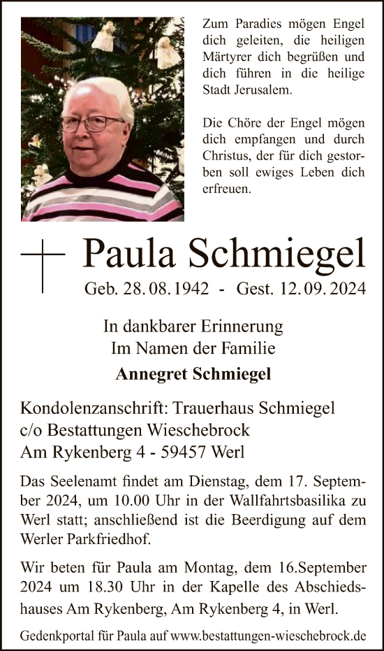 Todesanzeige von Paula Schmiegel von WA