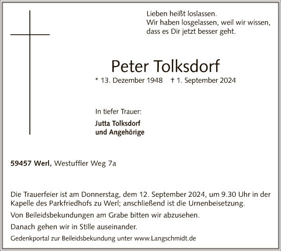 Todesanzeige von Peter Tolksdorf von WA