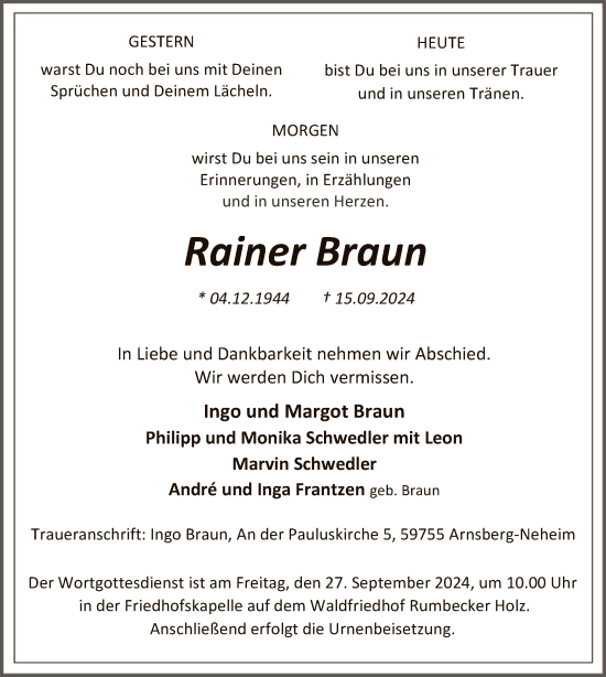 Todesanzeige von Rainer Braun von WA