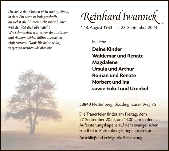 Todesanzeige von Reinhard Iwannek von WA