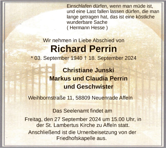 Todesanzeige von Richard Perrin von WA