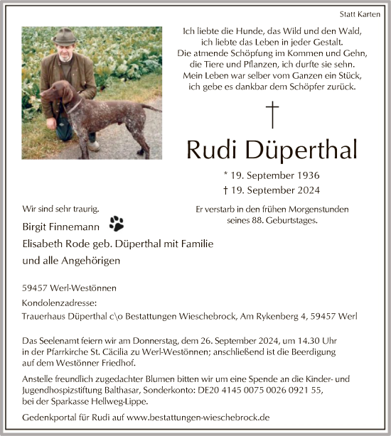 Todesanzeige von Rudi Düperthal von WA