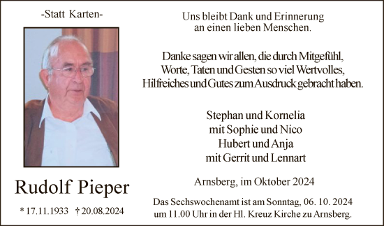 Todesanzeige von Rudolf Pieper von WA