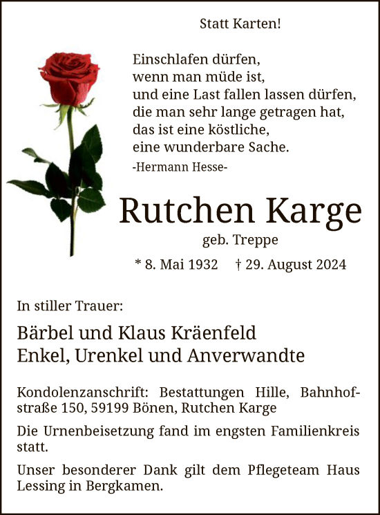 Todesanzeige von Rutchen Karge von WA