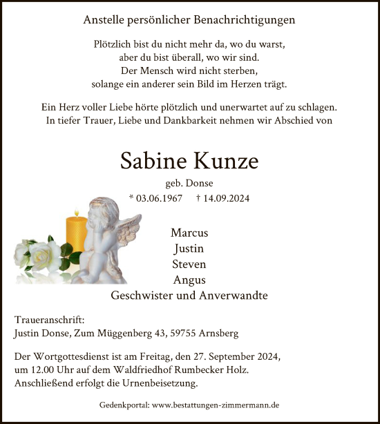 Todesanzeige von Sabine Kunze von WA