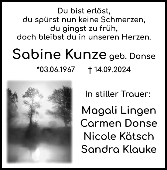 Todesanzeige von Sabine Kunze von WA