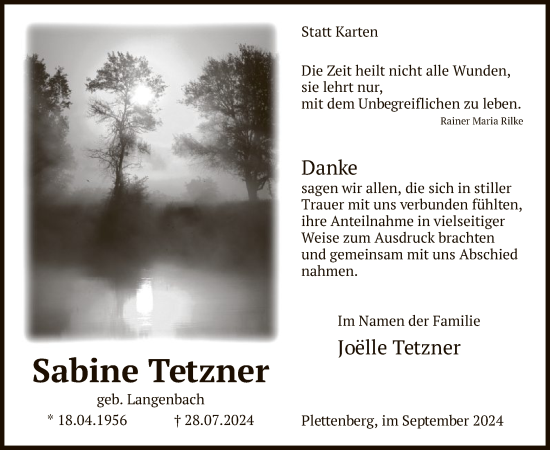 Todesanzeige von Sabine Tetzner von WA