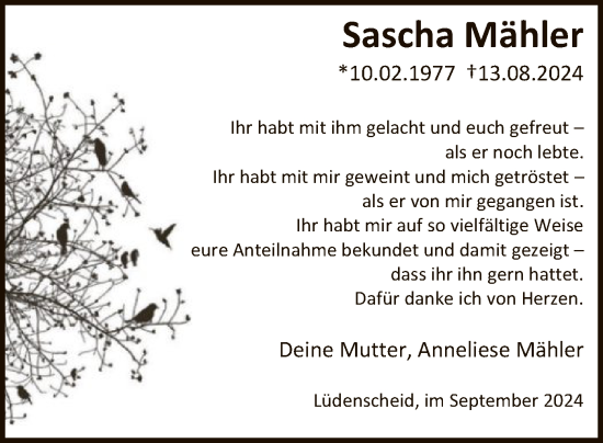 Todesanzeige von Sascha Mähler von WA