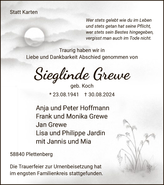 Todesanzeige von Sieglinde Grewe von WA