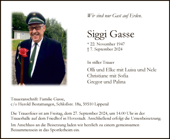 Todesanzeige von Siggi Gasse von WA