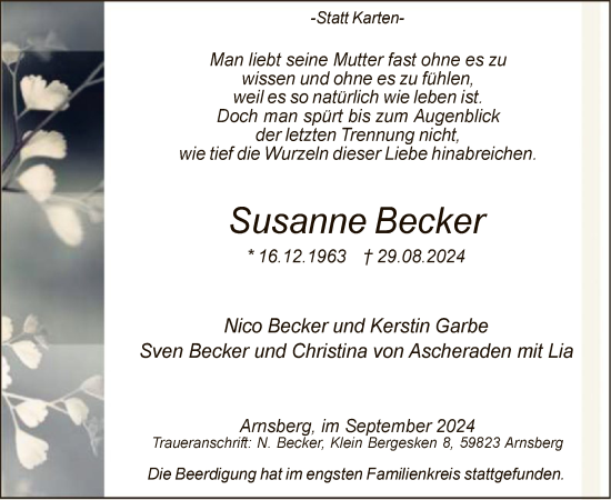 Todesanzeige von Susanne Becker von WA