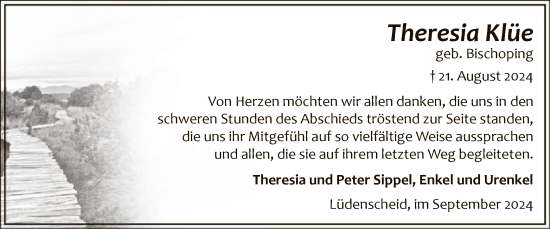 Todesanzeige von Theresia Klüe von WA