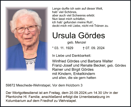 Todesanzeige von Ursula Gördes von WA