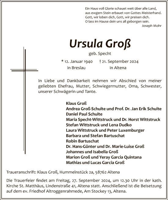 Todesanzeige von Ursula Groß von WA