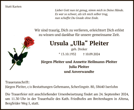 Todesanzeige von Ursula  Pleiter von WA