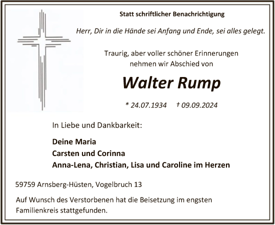 Todesanzeige von Walter Rump von WA