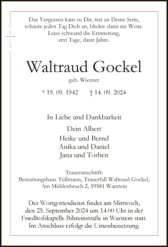 Todesanzeige von Waltraud Gockel von WA