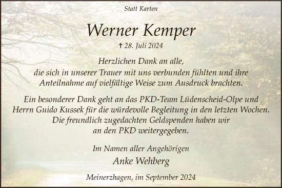 Todesanzeige von Werner Kernper von WA