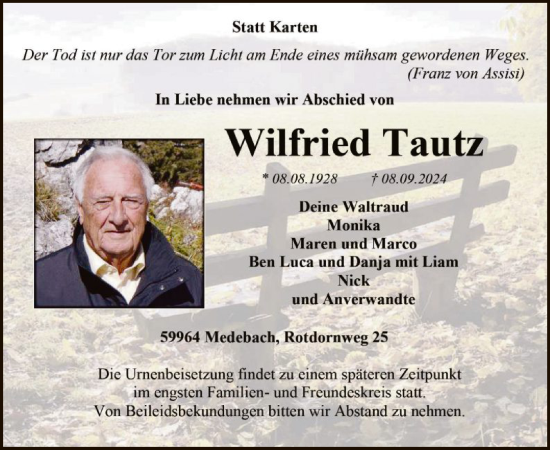 Todesanzeige von Wilfried Tautz von WA