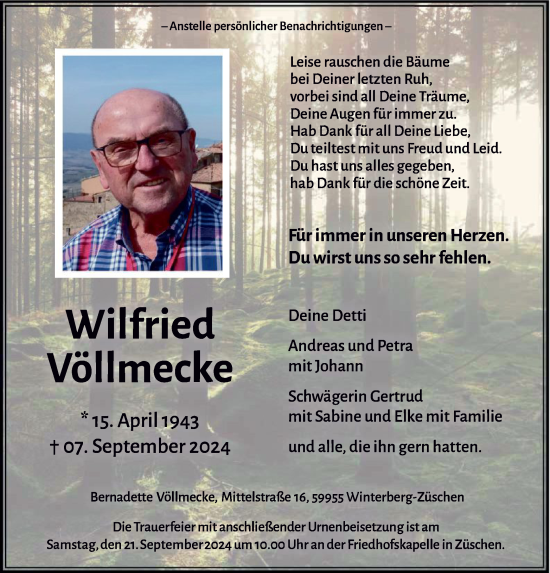 Todesanzeige von Wilfried Völlmecke von WA