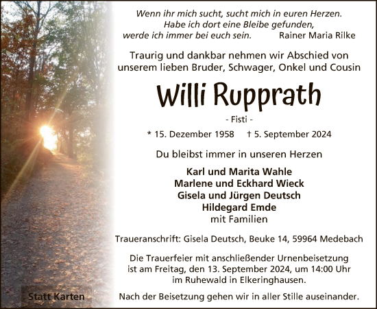 Todesanzeige von Willi Rupprath von WA