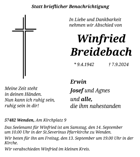 Todesanzeige von Winfried Breidebach von WA