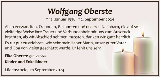 Todesanzeige von Wolfgang Oberste von WA