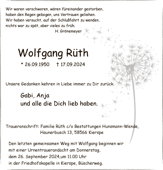 Todesanzeige von Wolfgang Rüth von WA