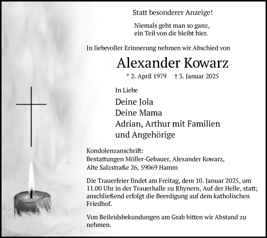 Todesanzeige von Alexander Kowarz von WA