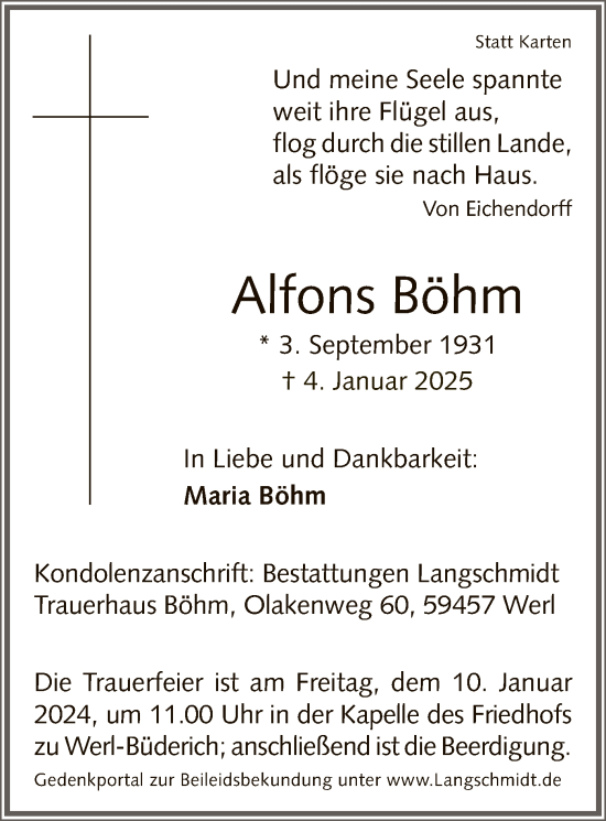 Todesanzeige von Alfons Böhm von WA