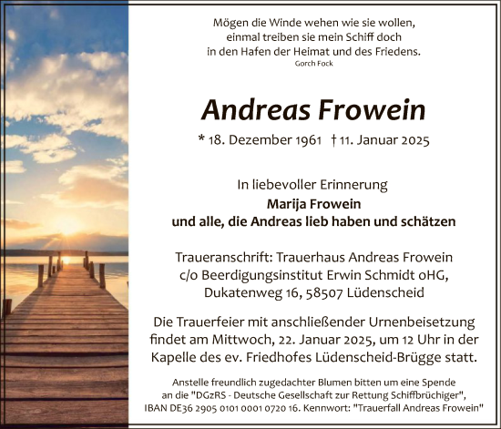 Todesanzeige von Andreas Frowein von WA