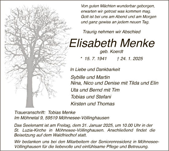 Todesanzeige von Elisabeth Menke von WA