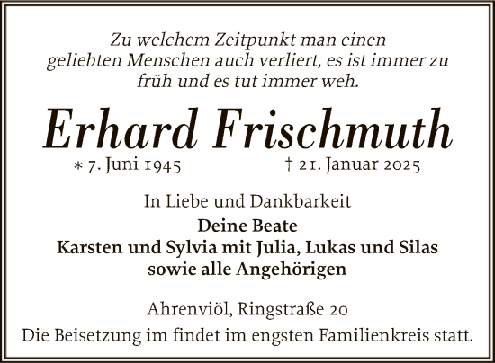 Todesanzeige von Erhard Frischmuth von WA