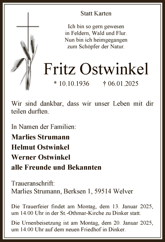 Todesanzeige von Fritz Ostwinkel von WA