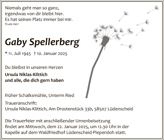 Todesanzeige von Gaby Spellerberg von WA