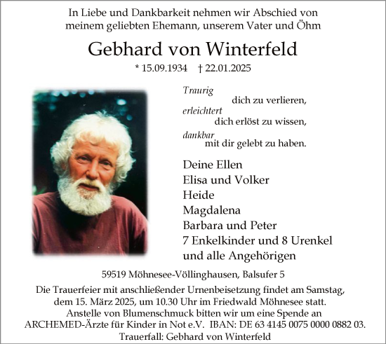 Todesanzeige von Gebhard von Winterfeld von WA