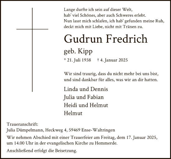 Todesanzeige von Gudrun Fredrich von WA