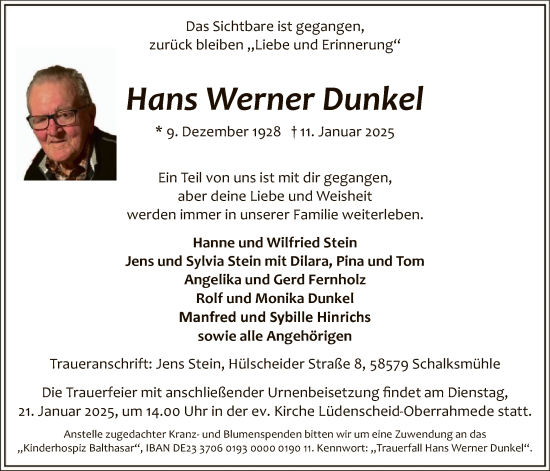 Todesanzeige von Hans Werner Dunkel von WA