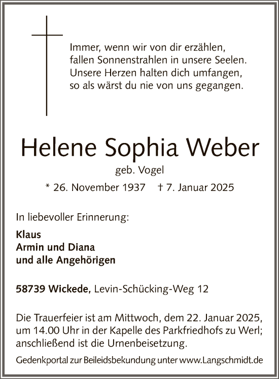 Todesanzeige von Helene Sophia Weber von WA