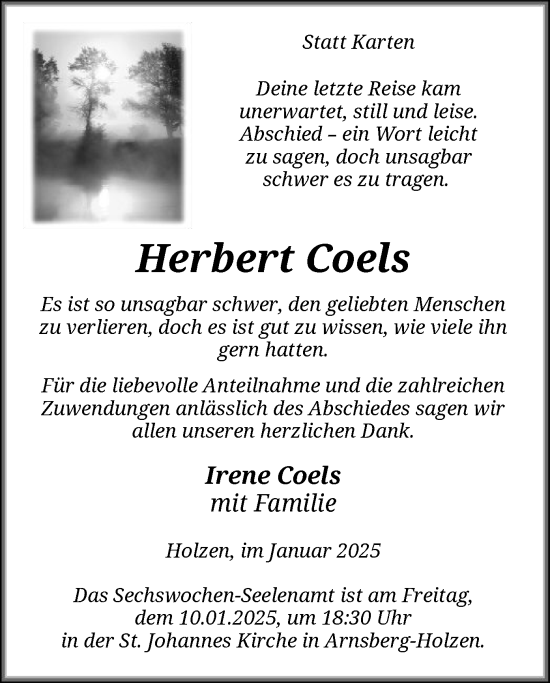 Todesanzeige von Herbert Coels von WA