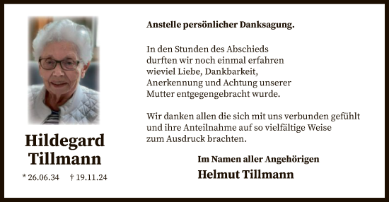 Todesanzeige von Hildegard Tillmann von WA