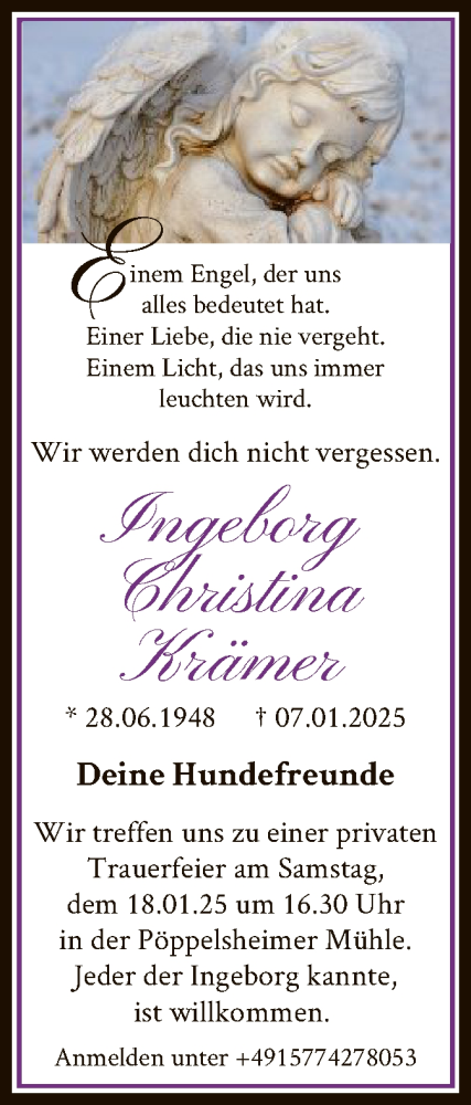 Todesanzeige von Ingeborg Christina Krämer von WA