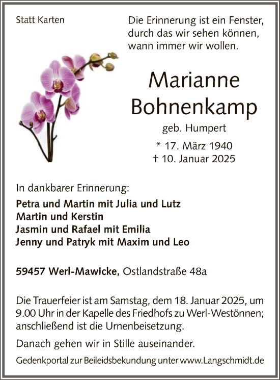 Todesanzeige von Marianne Bohnenkamp von WA