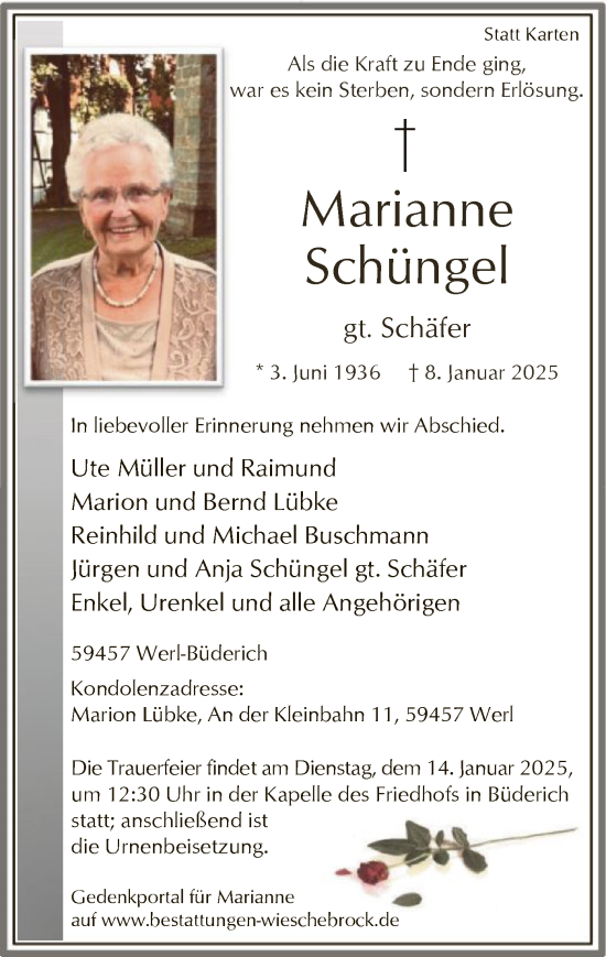 Todesanzeige von Marianne Schüngel von WA