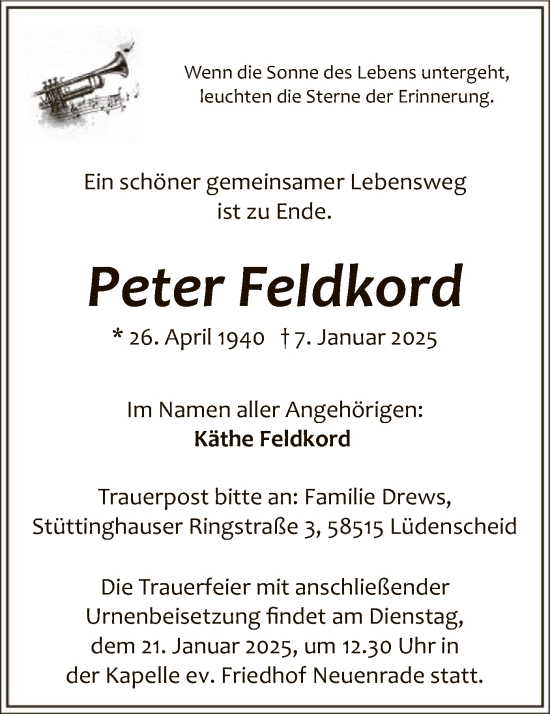 Todesanzeige von Peter Feldkord von WA