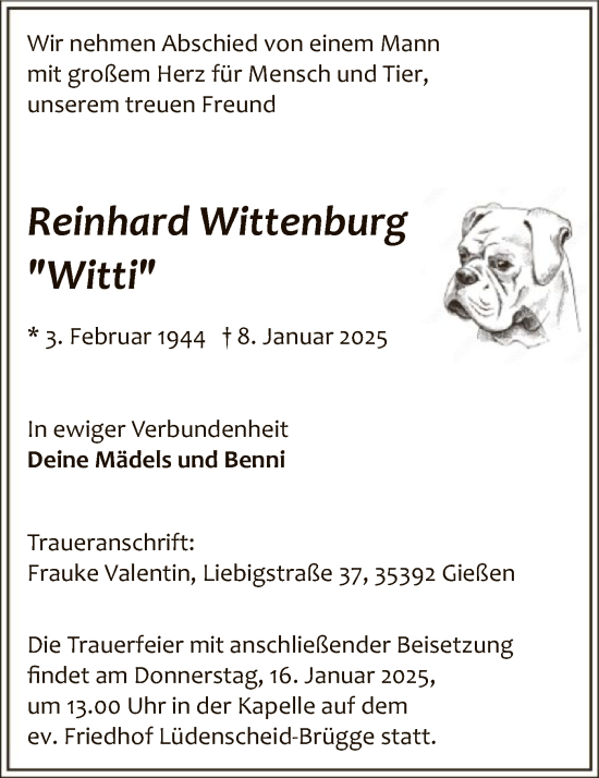 Todesanzeige von Reinhard Wittenburg von WA