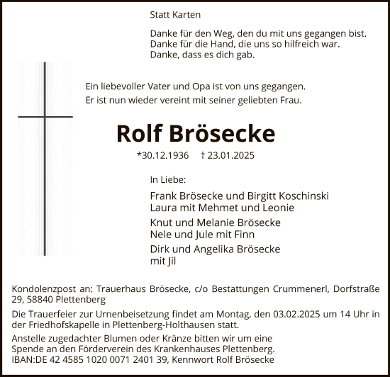 Todesanzeige von Rolf Brösecke von WA