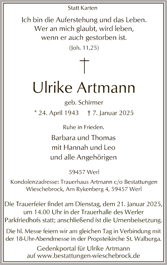 Todesanzeige von Ulrike Artmann von WA