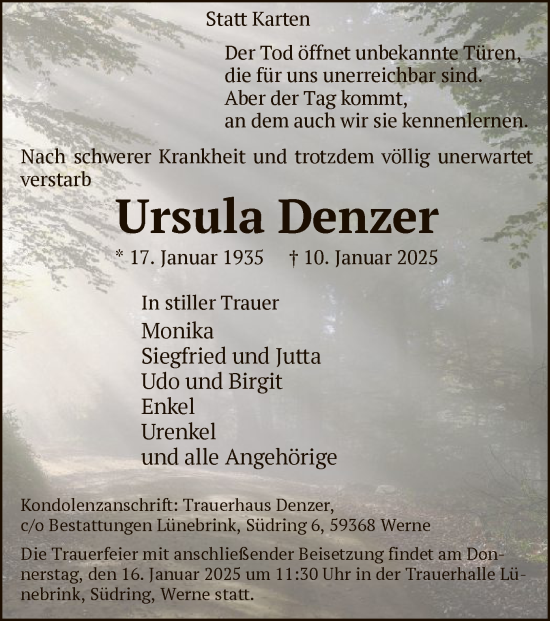 Todesanzeige von Ursula Denzer von WA