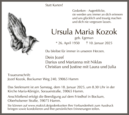 Todesanzeige von Ursula Maria Kozok von WA